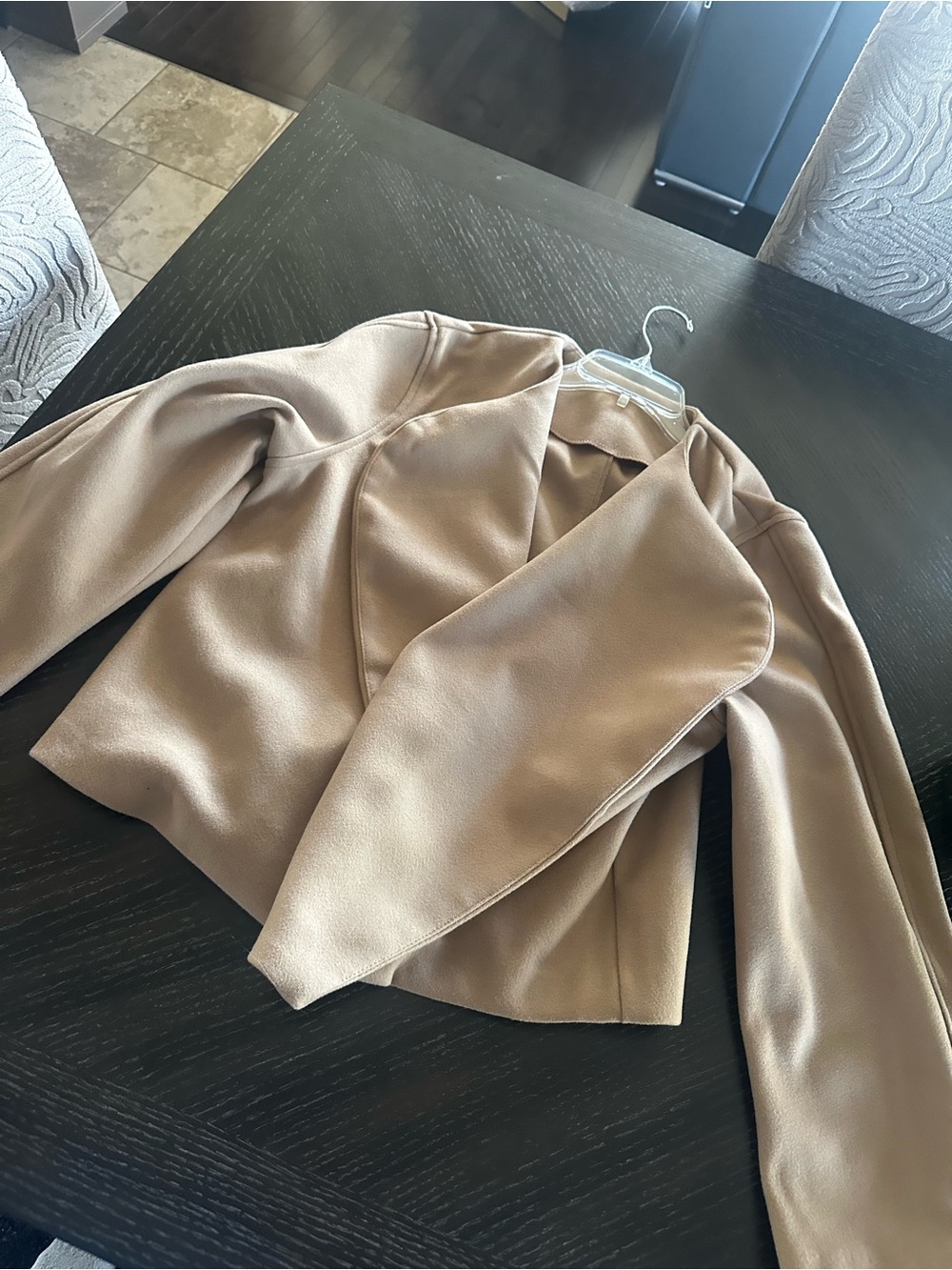 Divided Cropped Draped Open-Front Blazer in Taupe